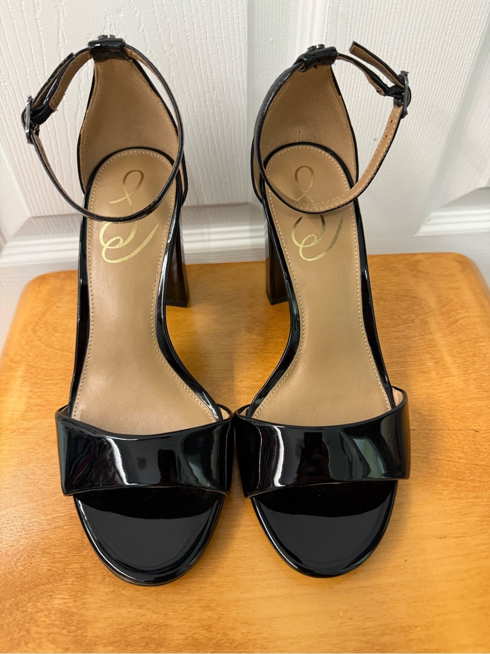 Sam Edelman Black Patent Ankle-Strap Block Heels